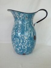 Vintage Blue & White Swirl Graniteware Water Pitcher Marbled Enamelware 11