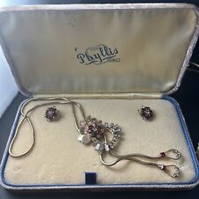 RARE VTG PHYLLIS ORIGINALS 1/20 12k Gf Red Rhinestone Necklace Brooch Earrings picture