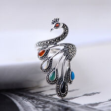 Real S925 Sterling Silver Band Lucky Women Gift 40mm Colorful Gem Peacock Ring picture