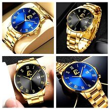 Mens Watch Business Gold Stainless Steel Gents Quartz Analogue Wrist Watch Blue picture