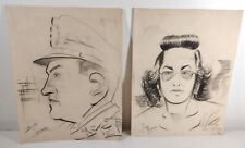 1947 Military Pencil Drawing MCM US Soldier Woman Man Amsterdam Signed 13x10 Vtg picture
