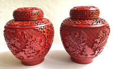 Vtge Pair Chinese Cinnabar Lacquer Jars Vases Pots Lidded Scenes Flowers  picture