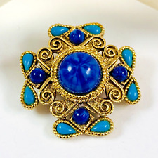 Vintage MALTESE CROSS Faux Turquoise & Simulated Lapis Gold Tone Brooch Pin picture