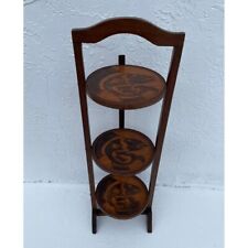 Vintage 3-Tier Solid Wood Round Carved Folding Table Pie Stand Plant Shelf 38.5