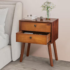 Modern Nightstand Table Mid Century Dark Brown 2 Drawer Solid Wood picture