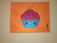 Handpainted Pink Frosted Sprinkle Cupcake Acrylic Painting On Canvas 11x14