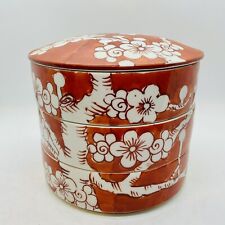 VTG LJ Japan Ceramic Japanese Stacking Bowls Lid Orange Color & White Blossoms picture