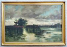 Antique Original Painting American Landscape Lake Swamp Pond Village Twilight picture