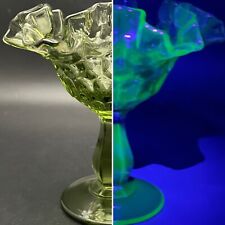 Fenton Uranium Glass Thumbprint Colonial Green Compote c1940s Made in USA 6