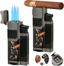 Cigar Lighter 2 Pack with Cigar Punch Cigar Holder 4 Jet Flame Torch Lighter picture