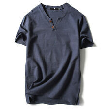Mens V Neck Tee Tops Faux Cotton Linen Short Sleeve Casual Formal Button T-Shirt picture
