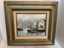 Original Oil Painting On Canvas Fishing Boats Pier Water Lighthouse Signed 15x17 picture