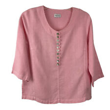 Vtg Mosaic Top Pink Linen MOP Button Detail 3/4 Sleeve USA Made Lagenlook Size L picture
