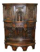 Antique Cabinet, French Gothic Revival, Carved Oak Reliquary w/ Bishop, 1800s picture