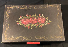Antique Italian Hand Painted Black & Gold Floral Tole Flatware Silverware Chest picture