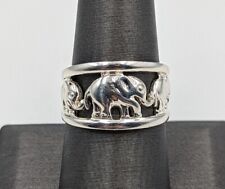 Vtg 925 Silver Signed A 3 Elephants Holding Tails Luck Tapered Band Ring Sz 5.25 picture