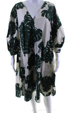 La Double J Womens Cotton Leaf Printed V-Neck A-Line Dress Beige Size M picture