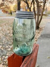 Vintage Swayzee’s Improved Mason Fruit Jar Quart Original Aqua W/Zinc Ball Lid picture