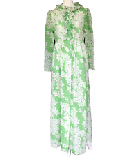 VTG 1960’s Loungees Print Dress Maxi Long House Groovy MOD UNION Green White szS picture