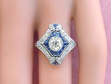 Art Deco Vintage Style Lab-Created Diamond & Sapphire Wedding 925 Silver Ring picture