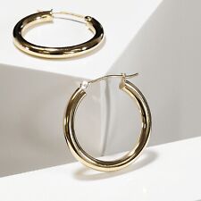 14K Solid Yellow Gold Shiny Polished Round Chunky Creole Hoop Earrings All sizes picture