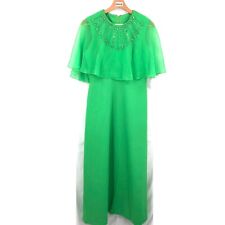 vintage 60s 70s prom cocktail dress attached cape long spring green rhinestone M picture