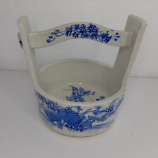 Antique Japanese water bucket planter vase blue white porcelain Meiji period? picture