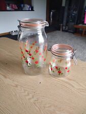 Vtg Lot Set Of 2 ARC France Glass Jar Kitchen RARE RED ROSE PATTERN BEAUTIFUL ❤️ picture