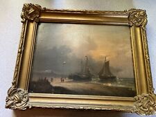 ANTIQUE OIL PAINTING Fancy Frame SIGNED People & Ships Seascape Oil on Board picture