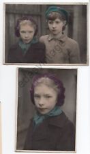 2pcs 1947 Pretty young girls Hand tinted colored Unusual odd antique photo USSR picture
