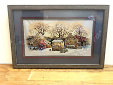 Cross Stitch Winter Farm Completed Framed With Mat And Glass Large 14 x 21 Inch picture