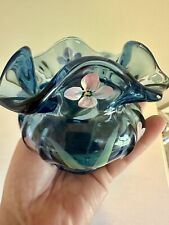 Fenton Blue Vase Hand Painted Flowers Signed M Wagner? Art Glass Vintage picture