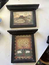 Primitive Wall Decor Pictures Sheep Country Core Farmhouse Wood Frame Lot Of 2 picture