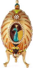 Bejeweled Peacock Faberge Egg Hinged Metal Enameled Crystal Trinket box picture