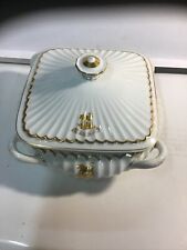 Porcelain Serving Covered Dish With Bull Crest Un Dieu Un  Roy, Gold Highlight#2 picture