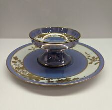 Stunning Noritake 2-pc. Blue Lustreware Pedestal Dip & Plate Set w/ Gold Design  picture