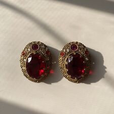 Vintage German Crystal Filigree Clip On Earrings MCM Costume Estate Jewelry Ruby picture