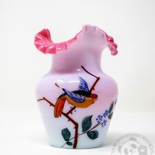 Bohemian Harrach Hand Enameled Bird & Flowers White Cased Pink Ruffled Vase picture