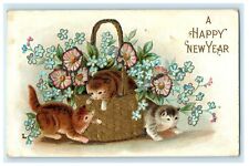 c1910 Happy New Year Cute Cats Flowers In Basket Embossed Antique Postcard picture