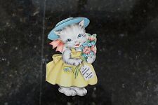 Vintage 1937 Greeting Card Die Cut Kitten Happy Birthday With Flowers picture