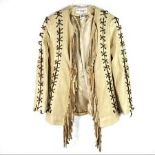 Vintage Lew Magram Leather Fringe Jacket Criss Cross Lace Western Cream Small picture