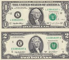 03848397 one dollar and two dollar matching serial number in excellent condition picture