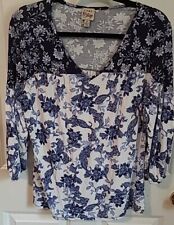 COMO VINTAGE Womens 3/4 Sleeve BLUE & White FLORAL Shirt TOP Size MEDIUM Great  picture