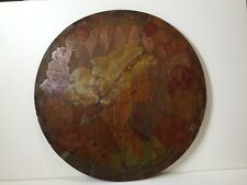 Vintage Huge Flemish Art Round Wood Pyrography of Lady Surrounded by Roses, 21