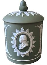 Antique Wedgwood Green Jasperware Tobacco Jar Humidor Founding Fathers 8”H picture