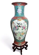 Stunning Antique Chinese Famille Rose Floor Vase Hand Painted Rosewood Stand 32” picture