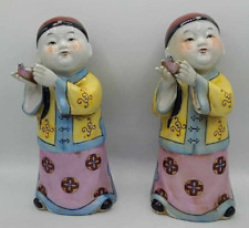 Vtg Set of 2 Chinese Hand Painted Porcelain Figurines Boy Holding A Bird ~10.25” picture