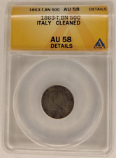 1863T BN Italy 50 Centesimi 50c Shield Reverse Silver Coin ANACS AU58 Details 1A picture
