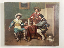 Antique Vintage Original Old Oil Painting -The Three Musketeers Gambling -Signed picture