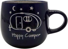 Navy Blue Hand Glazed Coffee Mug with Line Art Happy Camper, 12.5 Ounces picture